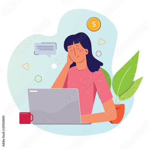 Frustrated stressed paying high bills online on laptop with credit card and money coin.