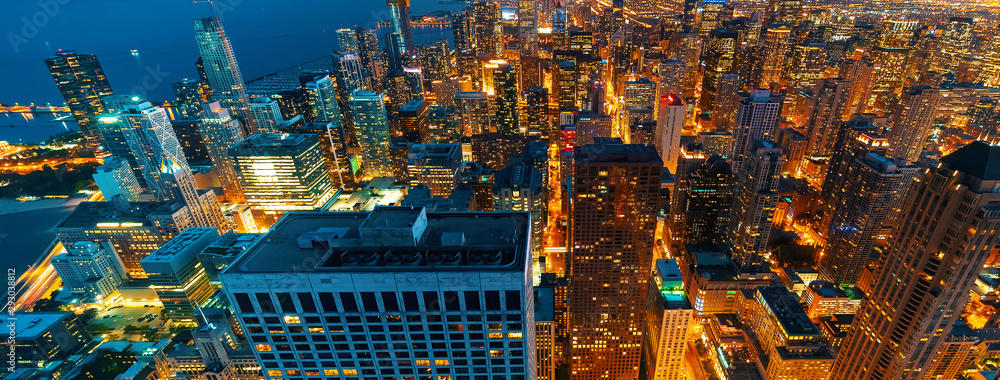 Chicago cityscape skyscrapers at night aerial view - obrazy, fototapety, plakaty 