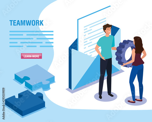 teamwork people with envelope and puzzle pieces