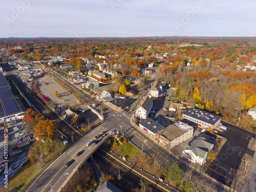 Aerial view of Wilmington historic town center at Main Street and Church Street with fall foliage, Wilmington, Massachusetts, USA.