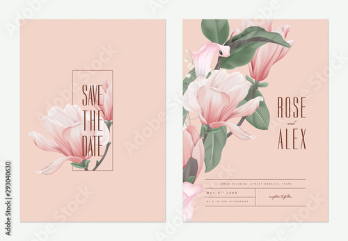 Floral wedding invitation card template design, pink Anise magnolia flowers and calla lily on light red, pastel vintage theme