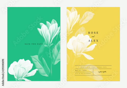 Floral wedding invitation card template design, Anise magnolia flowers with leaves on green and yellow, two tones color