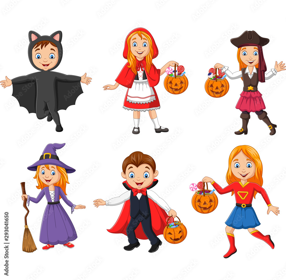 Group of cartoon kids wearing different costumes Group of cartoon kids wearing different costumes