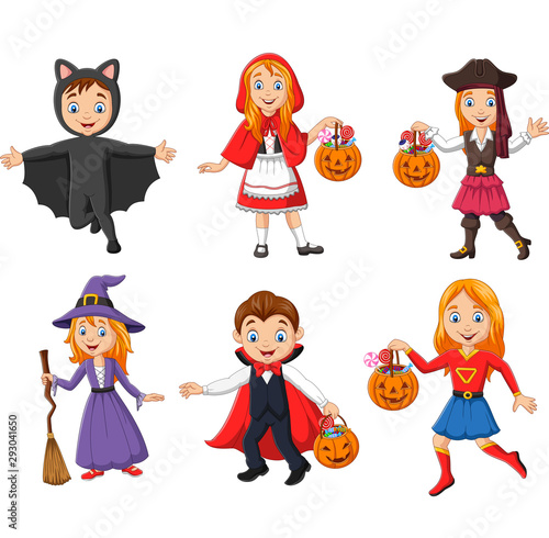 Group of cartoon kids wearing different costumes