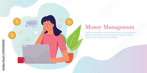 Money Management. Woman in front of laptop manage financial cash issue with debt