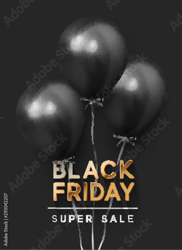 Black Friday Sale. Festive Background with realistic balloons. Group ballons with ribbon in color black. Discount super sale off. Banner, posters or flyers design, card. Vector illustration