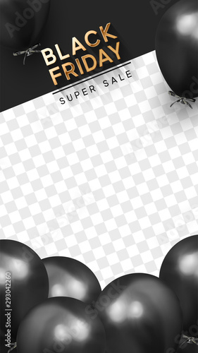 Black Friday Sale. Festive Background with realistic balloons. Group ballons in color black. Discount super sale off. Banner, posters or flyers design, social networks, social media, story template