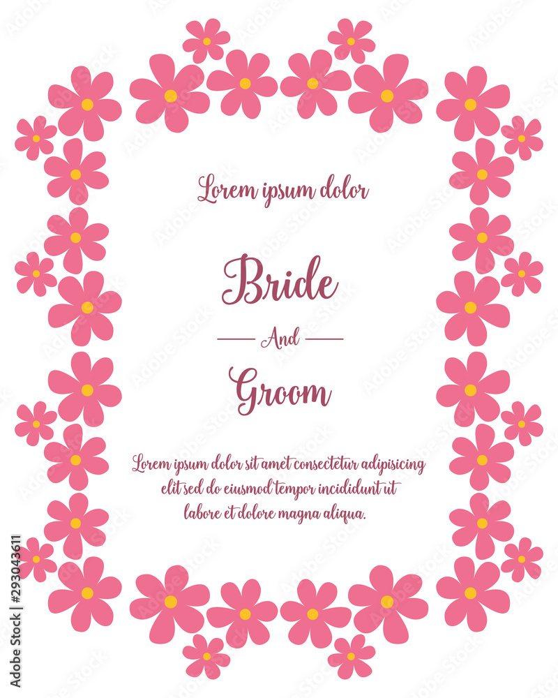 Template of invitation bride and groom, with design element of pink flower frame. Vector