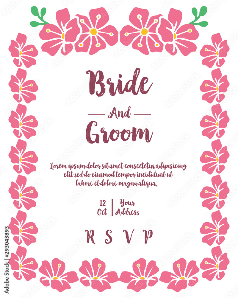 Template of invitation bride and groom, with design element of pink flower frame. Vector