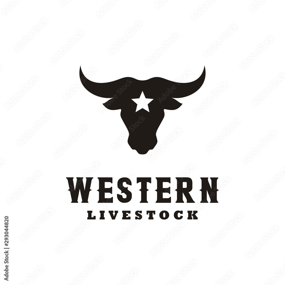Western Bull Cow Buffalo Longhorn Head silhouette with star for Ranch Farm Livestock logo design Western Bull Cow Buffalo Longhorn Head silhouette with star for Ranch Farm Livestock logo design