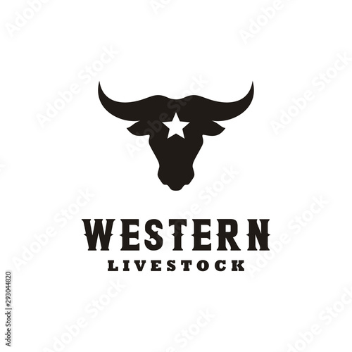 Western Bull Cow Buffalo Longhorn Head silhouette with star for Ranch Farm Livestock logo design