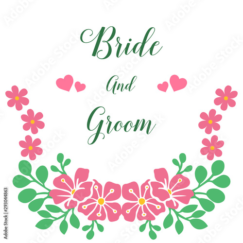 Place for text, bride and groom, romantic, with graphic of pink floral frame. Vector