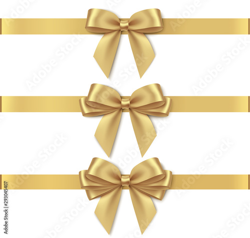 Set of decorative golden bows with horizontal yellow ribbon isolated on white background. Vector illustration