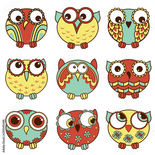 Wallpaper Mural Set of nine funny various oval owls Torontodigital.ca