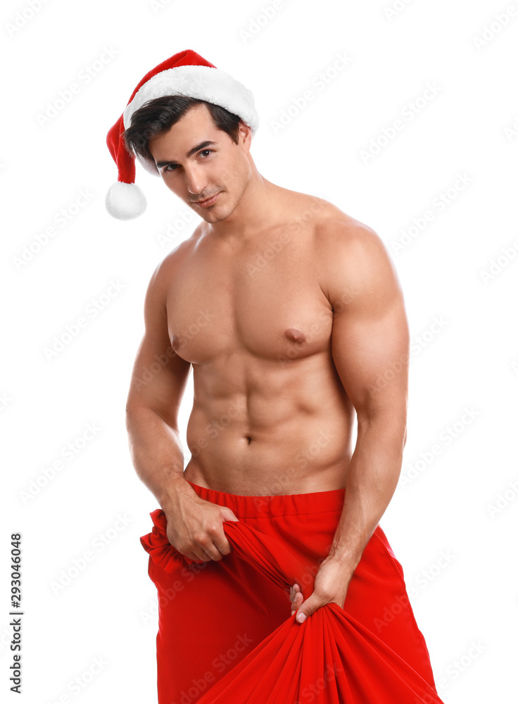 Sexy shirtless Santa Claus on white background Stock Photo | Adobe Stock
