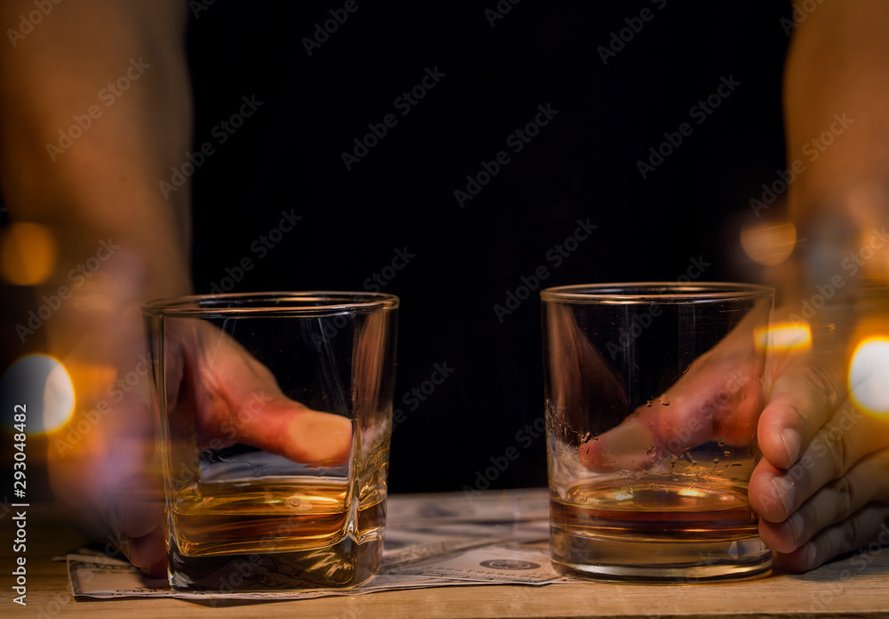 Bartender Serve Whiskey, on wood bar, Bartender Serve Whiskey, on wood bar,