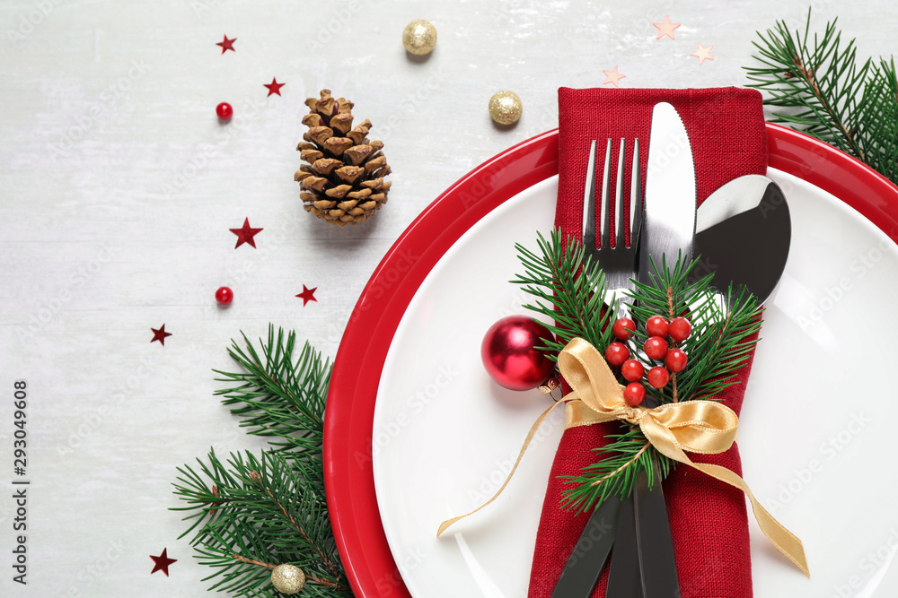 Christmas table setting on white background, flat lay Christmas table setting on white background, flat lay