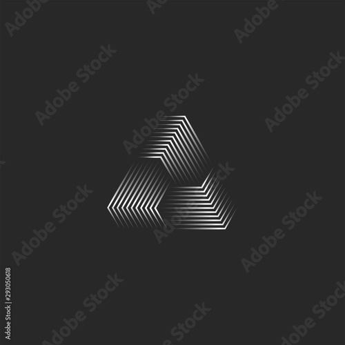 Triangle logo creative 3d pyramid shape black and white thin lines, cyber futuristic geometric infinity form modern minimal style