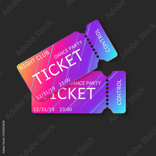 Two tickets vector 3d isolated mockup night club dj dance party or music concert, vip coupons template with modern gradient on black background