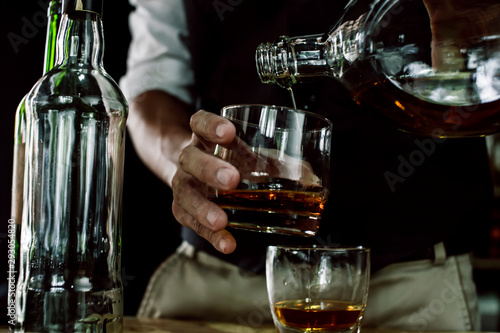 Bartender Serve Whiskey, on wood bar,