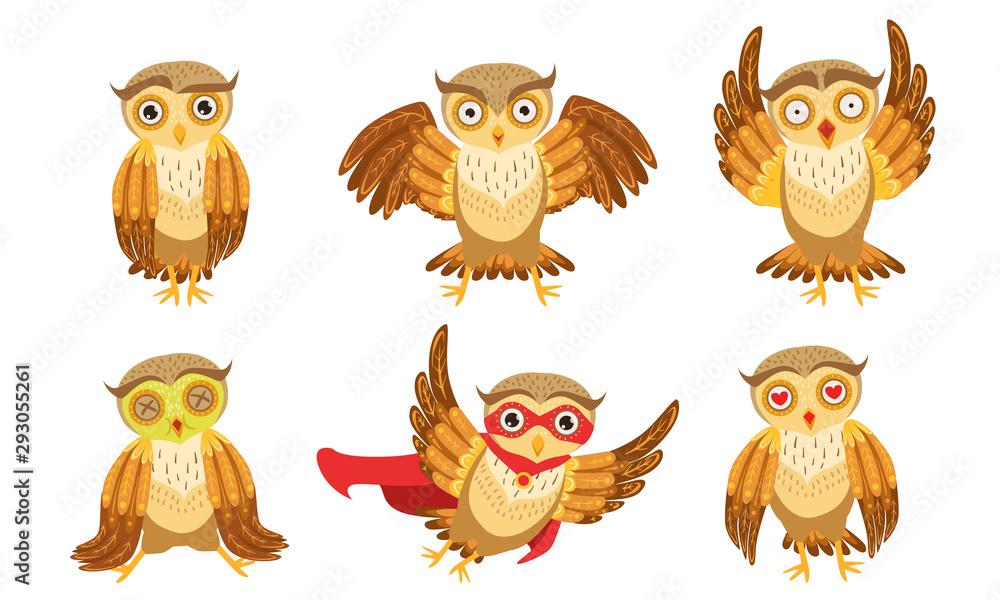 Fototapeta premium Cute Owl Cartoon Characters Set, Adorable Funny Brown Owlets in Different Poses Vector Illustration