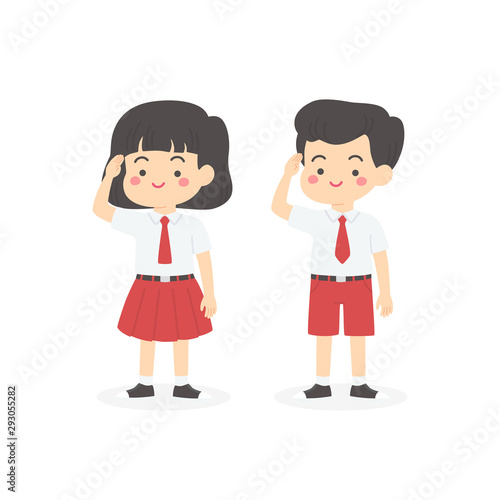 Cute Indonesian Elementary School Boy Girl Student Wearing Red and White Uniform Giving Salute Independence Day Cartoon Vector Illustration