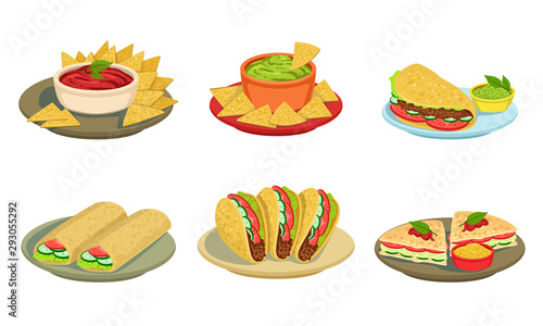Collection of Delicious Mexican Cuisine Food Dishes, Burrito, Tacos, Nachos Vector Illustration