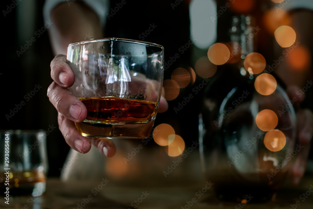 Bartender Serve Whiskey, on wood