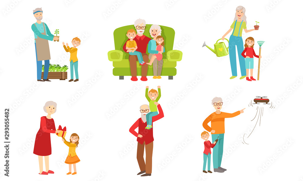 Grandparents Spending Time with Grandchildren Set, Grandfather and Grandmother Playing, Working in the Garden,Having Fun with their Grandsons and Granddaughters Vector Illustration