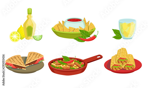 Collection of Delicious Mexican Cuisine Food Dishes, Burrito, Nachos, Fajitos, Tequila Bottle Vector Illustration
