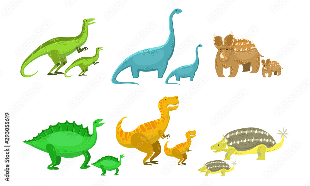 Cute Mother and Baby Dinosaurs Set, Loving Parents and Kids Prehistoric Animals Vector Illustration