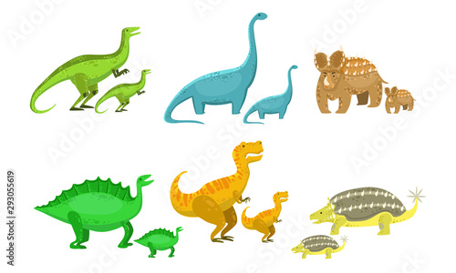 Cute Mother and Baby Dinosaurs Set  Loving Parents and Kids Prehistoric Animals Vector Illustration