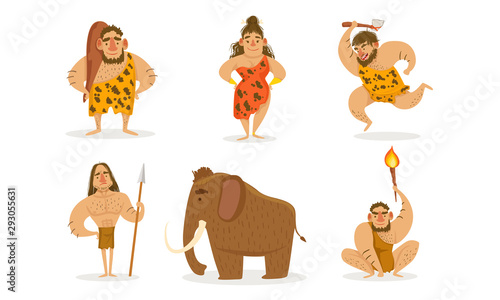 Prehistoric Stone Age Set, Primitive Men and Woman with Weapon, Mammoth Vector Illustration