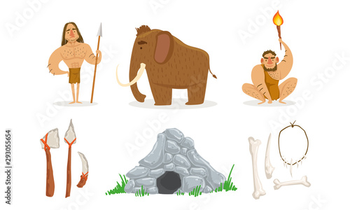 Prehistoric Stone Age Set, Primitive People, Mammoth, Weapon, Stone Cave Vector Illustration