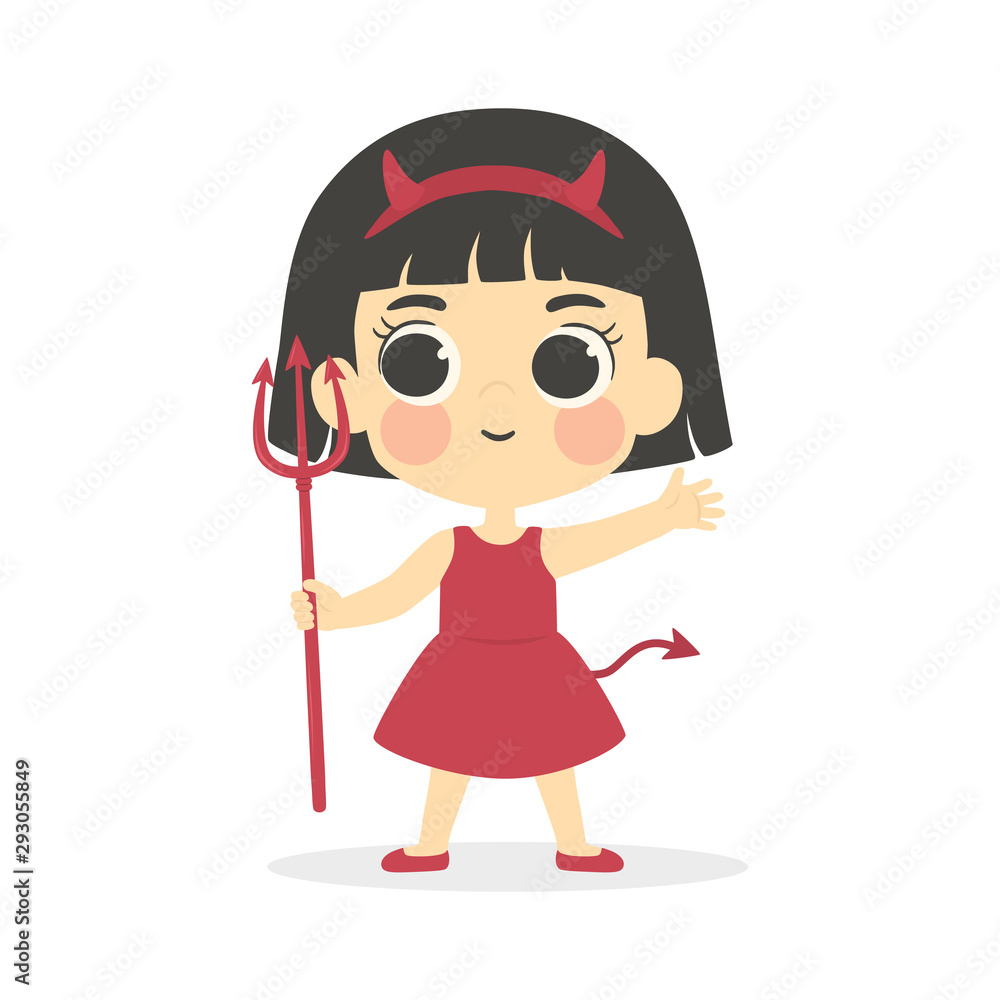 Halloween Costume, Cute Red Devil Girl holding trident cartoon vector illustration Halloween Costume, Cute Red Devil Girl holding trident cartoon vector illustration