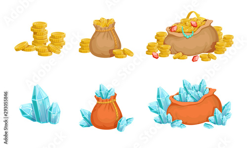 Bags with Crystals and Golden Coins, Treasure Elements for Game User Interface Assets Vector Illustration