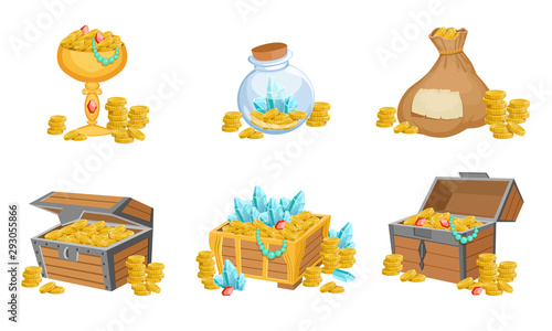 Precious Treasures Set, Crystals, Gems and Golden Coins in Chest, Sack, Goblet, Game User Interface Assets Vector Illustration