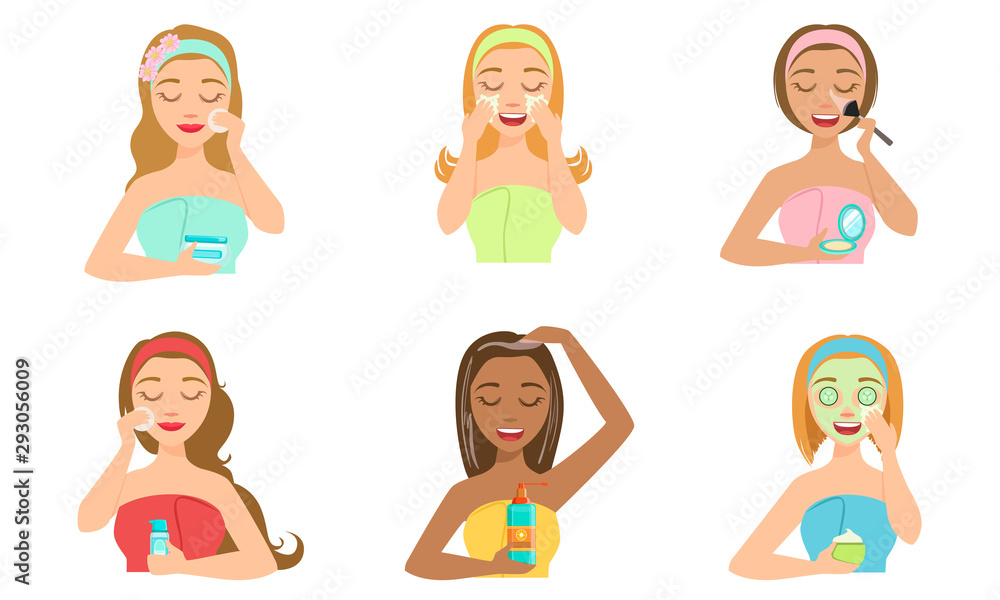 Beautiful Girls Applying Different Facial Masks Set, Women Cleaning and Caring for Skin, Facial Treatments Vector Illustration Beautiful Girls Applying Different Facial Masks Set, Women Cleaning and Caring for Skin, Facial Treatments Vector Illustration