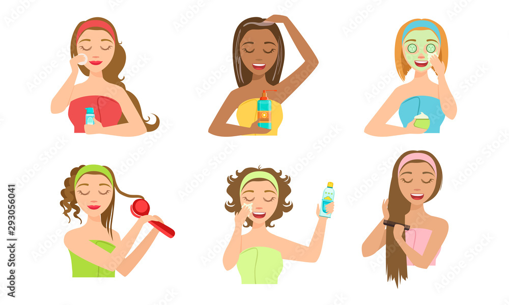 Beautiful Girls Applying Different Facial Masks Set, Young Women Caring for Facial Skin Vector Illustration Beautiful Girls Applying Different Facial Masks Set, Young Women Caring for Facial Skin Vector Illustration