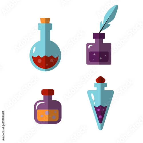 Potion bottles vector icons of witch magic elixir or alchemist poison. Evil wizard glass jars and magician flasks. Drinks of alchemy or chemistry illustration set of magnificent elixir in phial