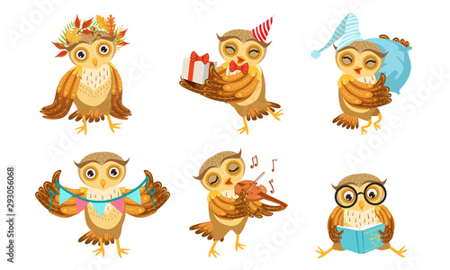 Fototapeta Naklejka Na Ścianę i Meble -  Cute Owl Cartoon Character Set, Adorable Funny Bird Different Activities Vector Illustration