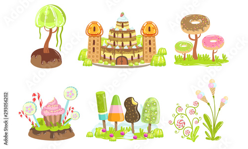 Candy Land Set, Sweet Fantasy Landscape Elements, Castle, Trees and Plants, Computer or Mobile Game Assets Vector Illustration