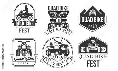 Quad Bike Fest Premium Retro Labels Set, Rental Service Monochrome Badges Vector Illustration