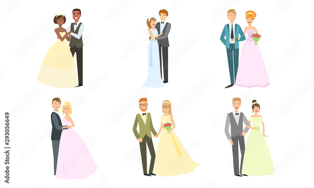 Happy Just Married Couples Set, Elegant Newlyweds, Bride and Groom Celebrating Marriage, Hugging and Holding Haands Vector Illustration Happy Just Married Couples Set, Elegant Newlyweds, Bride and Groom Celebrating Marriage, Hugging and Holding Haands Vector Illustration
