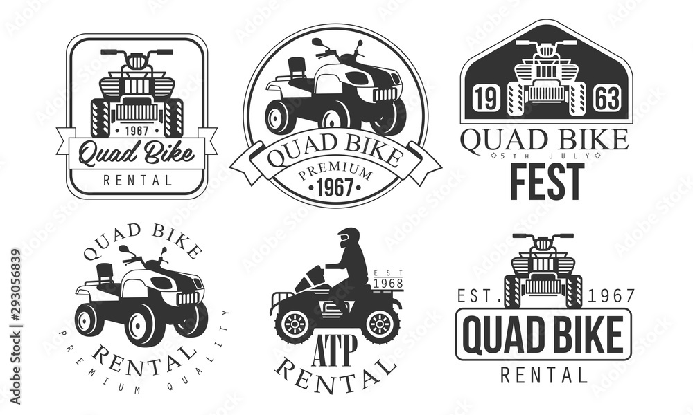 Quad Bike Fest Premium Retro Labels Set, ATP Rental Service Monochrome Badges Vector Illustration