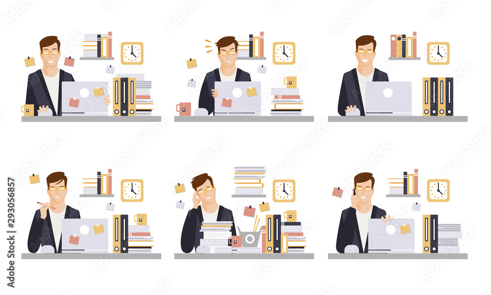 Businessman in Workplace Set, Male Office Employee Character Working Day Vector Illustration Businessman in Workplace Set, Male Office Employee Character Working Day Vector Illustration