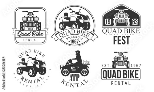 Quad Bike Fest Premium Retro Labels Set, ATP Rental Service Monochrome Badges Vector Illustration