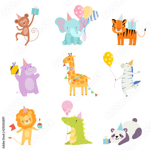 Set of cartoon animals in birthday caps. Vector illustration on a white background.