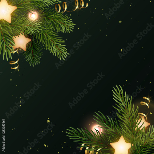 Square Christmas background design with fir branches, glowing stars, gold serpentines and luminous light bulbs. Dark gray backdrop with space for text. Vector flyer or banner template.