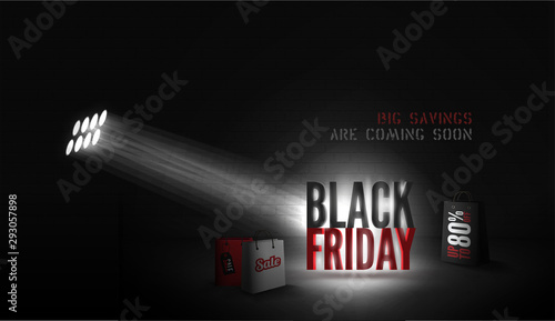 Seasonal sale vector banner template. 3d black friday inscription under spotlight in dark room. Big savings coming soon retro style font lettering. 80 percent discount offer poster design layout